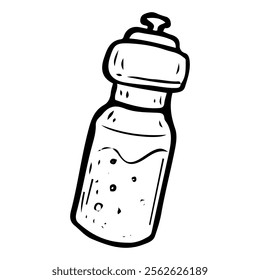 Sports water bottle hand drawn doodle. Mineral drink. Replenishment of fluid in the body. Plastic container. Refresh yourself with cool liquid. Vector line art illustration.