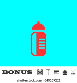 Sports water bottle icon flat. Red pictogram on blue background. Vector illustration symbol and bonus buttons Music center, corkscrew, credit card, house, drum