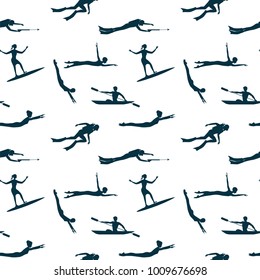 Sports Water pattern - silhouettes of swimmers, divers, skateboarder - on white background - vector art illustration.