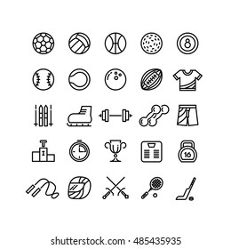Sports wear equipment line vector icons set. Ball for basketball and tennis, soccer and baseball game illustration