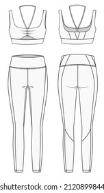 Sports Wear fashion design set. Womens Sports Bra fashion flat template. Womens Leggings pants fashion flat drawing set.