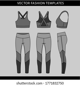 sports wear fashion  flat sketch template, fitness out fit front and back view