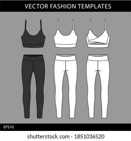 sports wear fashion  flat sketch template, fitness out fit front and back view.
