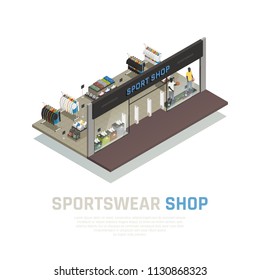 Sports wear shop isometric composition with outside view show case with mannequins clothing and shoes vector illustration