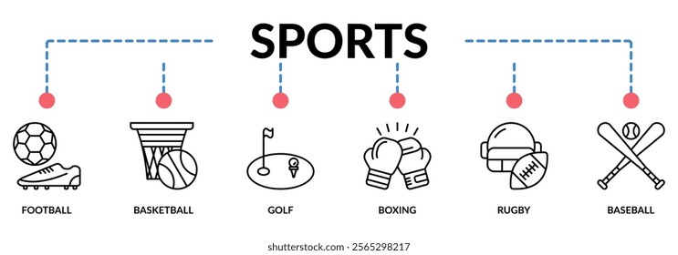 SPORTS web banner icons collection. Containing icon of football, basketball, golf, boxing, rugby, and baseball. For sign, symbol, presentation, infographics, or web graphics