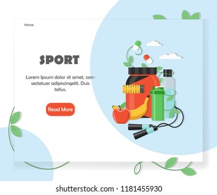 Sports website homepage template. Vector flat style design element with copy space and read more button.