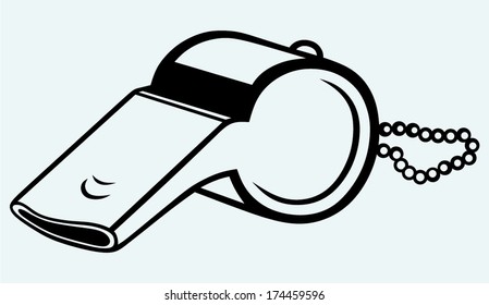Sports whistle with pea. Image isolated on blue background