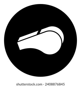 A sports whistle symbol in the center. Isolated white symbol in black circle. Vector illustration on white background