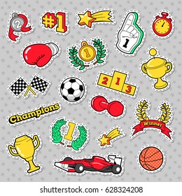 Sports Winner Badges, Patches and Stickers with Cups, Medals. Vector Retro doodle