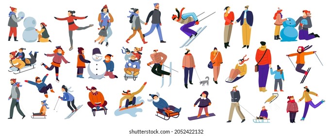 Sports and winter activities, fun and entertainment for children and adults. Skiing and sculpting snowman, skating and sledding with family. People on vacation. Vector in flat style illustration