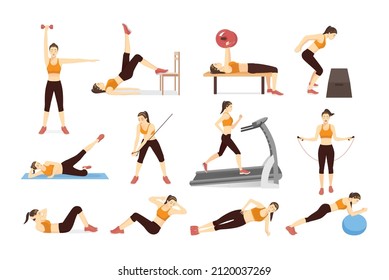 Carácter de deportista femenino en muchas actividades de entrenamiento y pose. Ilustración sobre el ejercicio al estilo de las caricaturas.