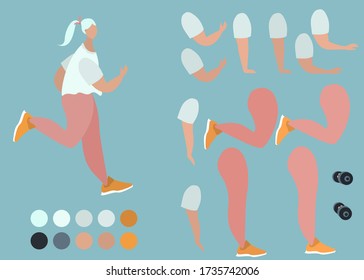 Sports woman construction set. Girl dressed in training clothes and holding dumbbell. Set of flat cartoon character details isolated on white background. Vector illustration.

