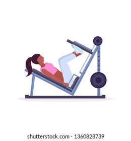 sports woman doing exercises leg press machine african american girl flexing muscles training in gym workout healthy lifestyle concept flat white background