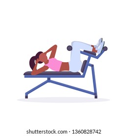 sports woman doing press abdominal exercises on bench african american girl training in gym workout healthy lifestyle concept flat white background