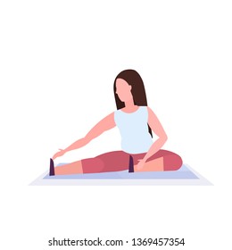 sports woman doing stretching exercises girl training in gym aerobic workout healthy lifestyle concept flat white background