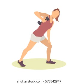 Sports woman performs exercise with dumbbell. Vector illustration in flat style