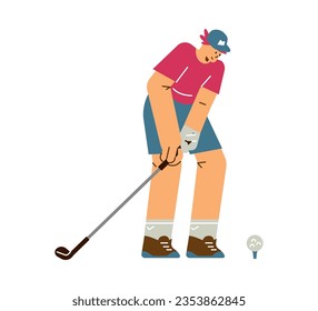 Sports woman playing golf. Young female cartoon character hitting ball with club vector isolated illustration. Sport leisure activity, outdoor hobby or training. Golf tournament