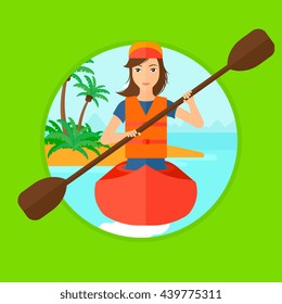 Sports woman riding in a kayak in the sea. Young woman traveling by kayak. Female kayaker paddling. Woman paddling a canoe. Vector flat design illustration in the circle isolated on background.