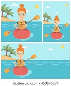Sports woman riding in a kayak in the sea. Young woman traveling by kayak. Female kayaker paddling. Woman paddling a canoe. Vector flat design illustration. Square, horizontal, vertical layouts.
