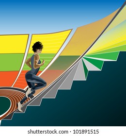 Sports woman runs up on a stadium ladder sunny day (Vector cartoon illustration with space for text).