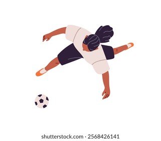 Sports woman runs, rushing to goal ball top view. Sportswoman plays football overhead. Seen above head soccer player training for competitions. Flat isolated vector illustration on white background