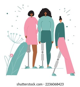 The sports women birth anomaly, has bionic leg, titanium foot, implant or prosthesis. Vector illustration with phrase YES, I CAN.