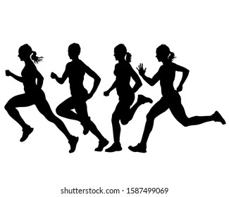 Sports women run a marathon. Isolated figures of athletes on a white background