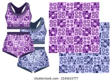 Sports women top shirt and shorts seamless geometric pattern template isolated white background