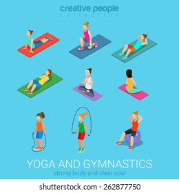 Sports Women Yoga Gym Gymnastics Workout Exercise Flat 3d Web Isometric Infographic Vector. Icon Set Of Young Girls On Carpets Balls Skipping Rope. Creative People Collection.