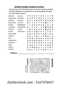 Sports Word Search Puzzle. Suitable Both For Kids And Adults. Answer Included.
