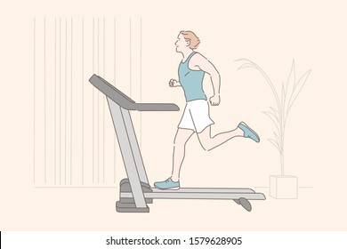 Sports workout, endurance home training, physical exercise concept. Young sportsman jogging on treadmill, healthy lifestyle, active recreation, man using gym equipment. Simple flat vector