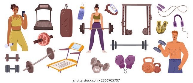 Sports and workout exercises, equipment for gym and bodybuilders. Treadmill and skipping rope, dumbbells and barbell, boxing gloves and sneakers. Vector illustration in flat cartoon style