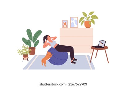 Sports workout at home. Online training of healthy woman. Girl doing exercise with ball with internet video. Virtual aerobics, physical activity. Flat vector illustration isolated on white background