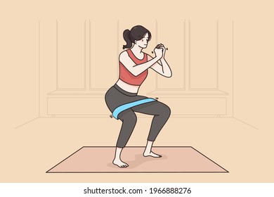 Sports workout and training concept. Cheerful fitness young woman cartoon character in sportswear standing on fitness mat doing workout with special equipment at home vector illustration 