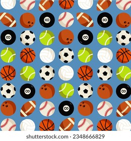 Sports wrapping paper patern with selection of many different balls vector flat desin. set collection on illustration background. Volleyball, basketball, soccer, snooker, bowling, baseball and tennis