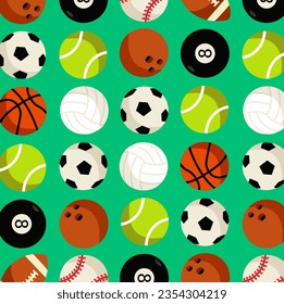 Patrón de papel de envoltura deportiva con selección de muchas bolas diferentes de diseño plano vectorial. establecer la colección en el fondo de la ilustración. Voleibol, baloncesto, fútbol, billar, boliche, béisbol y tenis