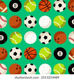 Sports wrapping paper patern with selection of many different balls vector flat desin. set collection on illustration background. Volleyball, basketball, soccer, snooker, bowling, baseball and tennis