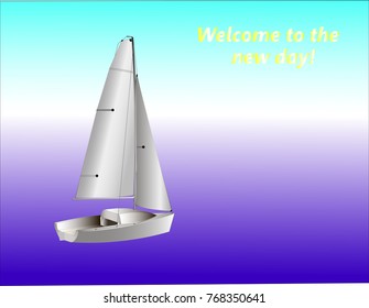 The sports yacht sails early in the morning to the horizon. Welcome to the new day!