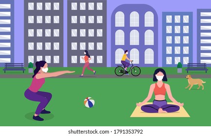 Sports and yoga in the city park. Mask mode and social distance in post-quarantine time. Health care. Vector illustration