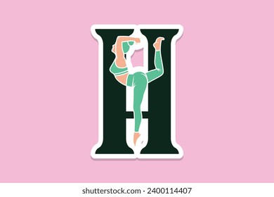 Sports yoga women in letter H Sticker design vector illustration. Alphabet letter icon concept. Sports young women doing yoga exercises with letter H sticker design logo icons.