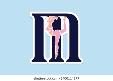 Sports yoga women in letter M Sticker design vector illustration. Alphabet letter icon concept. Sports young women doing yoga exercises with letter M sticker design logo icons.
