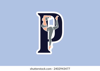 Sports yoga women in letter P Sticker design vector illustration. Alphabet letter icon concept. Sports young women doing yoga exercises with letter P sticker design logo icons.