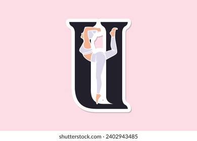 Sports yoga women in letter U Sticker design vector illustration. Alphabet letter icon concept. Sports young women doing yoga exercises with letter U sticker design logo icons.