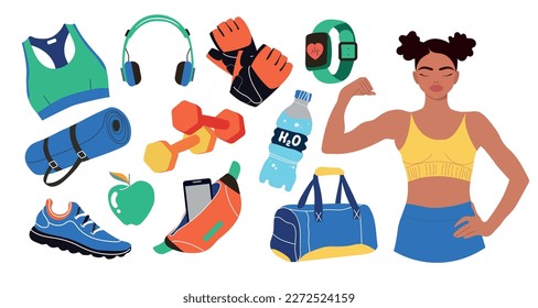 Niña deportiva demuestra músculos. Dispone de varios equipamientos deportivos. Varios aparatos de fitness aislados, accesorios de gimnasia. El concepto de un estilo de vida saludable. Ilustraciones vectoriales modernas dibujadas a mano