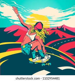 sports young girl on a long board in the summer rides on the road. extreme illustration