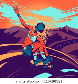 sports young girl on a long board in the summer rides on the road. extreme illustration