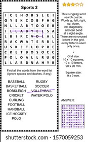 Sports zigzag word search puzzle 2 (suitable both for kids and adults). Answer included.