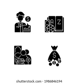 Sportsbook Black Glyph Icons Set On White Space. Expert Prediction. Betting Glossary. Referral Program. Analytical Approach In Matches Forecast. Silhouette Symbols. Vector Isolated Illustration