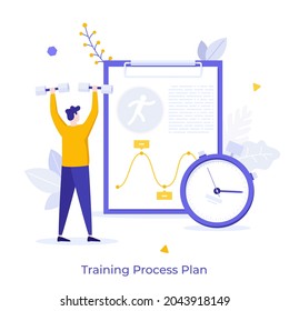 Sportsman or athlete looking at training process plan on tablet. Concept of tracking athletic performance, following workout program or exercise guideline. Modern flat vector illustration for poster.