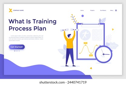 Sportsman or athlete looking at training process plan on tablet. Concept of tracking athletic performance, following workout program or exercise guideline. Modern vector illustration for landing page